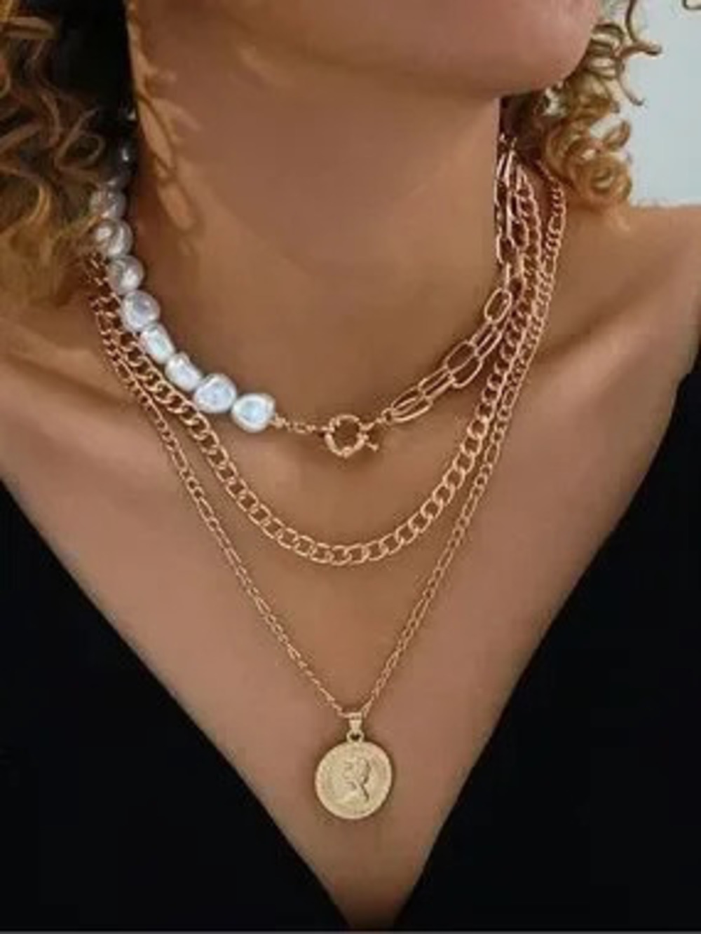 Baroque Pearl & Gold Coin Chain Necklace Set